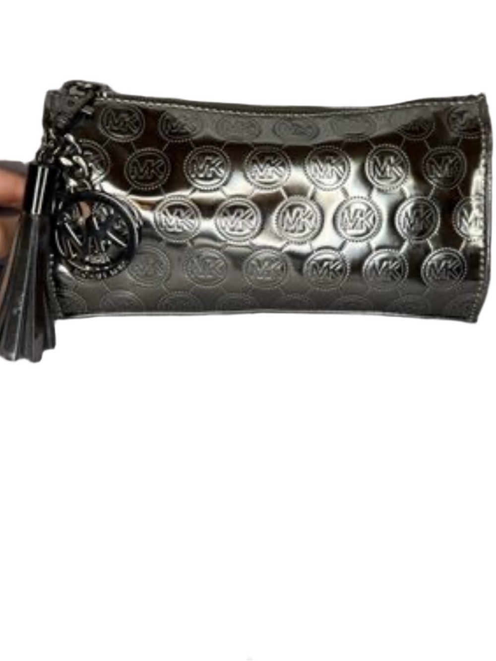 Michael Kors Metallic Gunmetal Embossed MK makeup pouch compartments charm